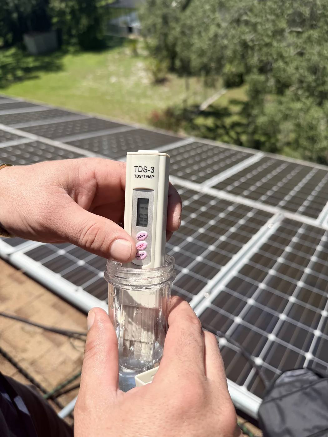 TDS meter held over a cup of cleaning water above a solar array