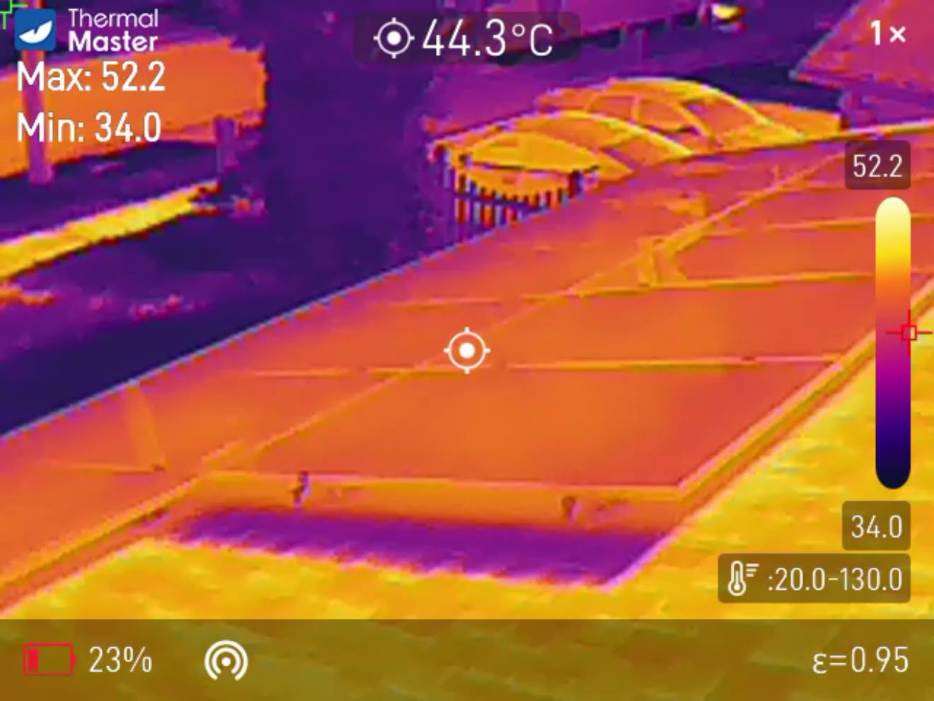 Thermal camera image of a solar array showing panel surface temperatures